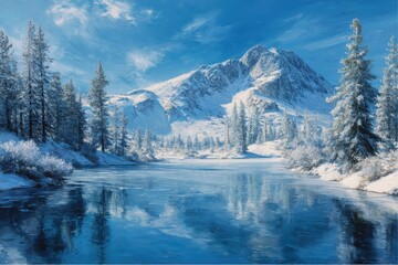 Fototapeta premium Lake Reflections under a Snowy Mountain on a Sunny Winter Day in Canada