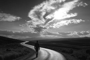 Man walking on a road that twists into the sky silhouette