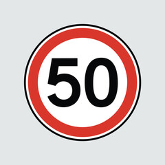 Obraz premium Round speed limit sign with bold black number 50 inside a solid red circular border on a light grey background, clear and simple design for road traffic regulation and speed control