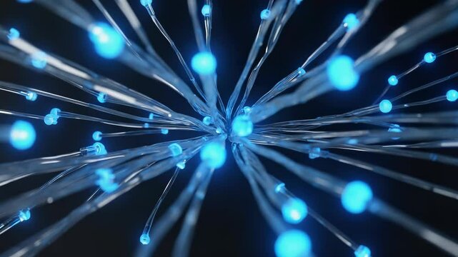 Experience the dynamic journey of high-speed data as bright blue pulses travel along fiber optic pathways, branching out into a stylized digital network map rich with connectivity and movement