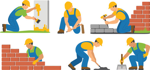 Construction workers performing various tasks including painting, hammering, bricklaying, and plastering in safety gear