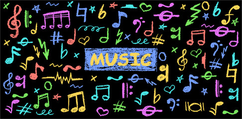 Charcoal-drawn vector music set with handwritten pop notes and symbols. Fun scribble style ideal for youth culture or indie projects. Cute childish colorful music school pastel or wax pencil signs