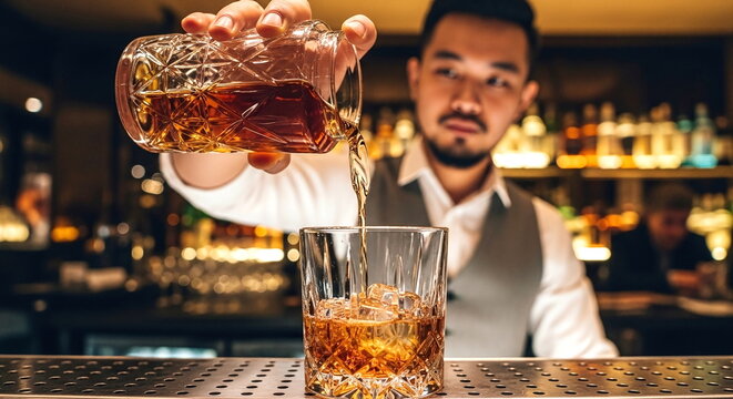 Professional bartender pours amber whiskey into crystal glass with ice