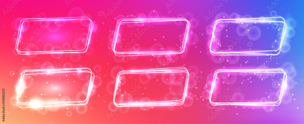 Poster neon rounded parallelogram frame with shining effects and sparkles