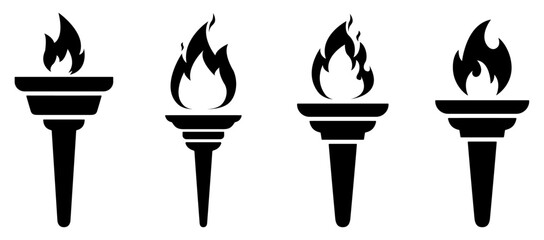 Set of burning torch icons in black silhouette style. Vector illustration of olympic flames, fire torches, and ceremonial symbols. Perfect for sports, victory, strength, and freedom concepts.