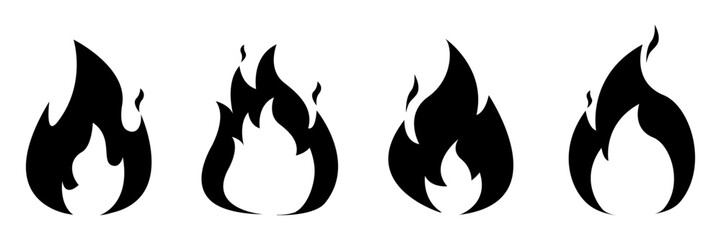 Set of black flame icons in various shapes. Fire symbol collection for graphic design, web, print, or app use. Flat fire silhouettes isolated on white background. Vector icons.