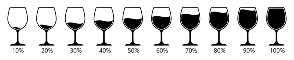 Set of wine glasses with varying fill levels from 10% to 100%. Wine glasses vector icons set. Vector illustration of drink volume, alcohol measurement, or consumption info graphic.