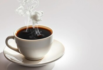 Fototapeta premium Steaming black coffee in a white cup and saucer, back lit, isolated on white, hot coffee, drinkware