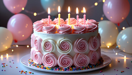 Elegant Birthday Cake with Candles and Roses, Perfect for Festive Celebrations and Party Invitations