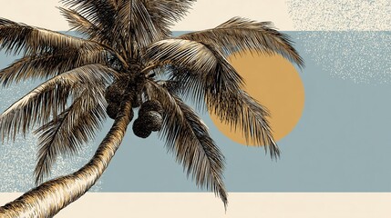 Tropical Sketch: Stylized Palm Tree Against Graphic Sun & Sky. Artistic, serene island vibe.