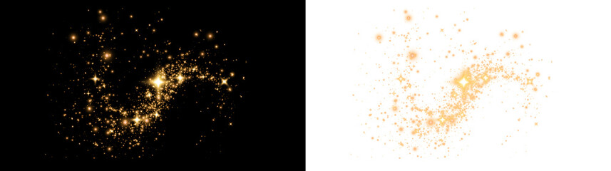 Glistering gold orange dust and starburst particles on a black PNG background. Bright overlay...