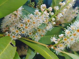 Bright blooming laurel flower laurier fleurs de palme prunus laurocerasus flowering nature closeup macro cherry plant exotic natural plant flora large white nature petal softness in spring summer 