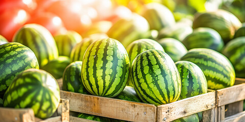 Fresh watermelons in wooden crate at summer farmer market. Green striped melons display. Seasonal harvest for sale. Image for banner, poster, wallpaper with copy space.