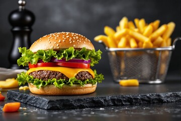 Tasty cheeseburger with melted cheese, lettuce, tomato, and onion on a sesame bun, served with fries in metal basket on dark background. Fast food concept. Ai generative