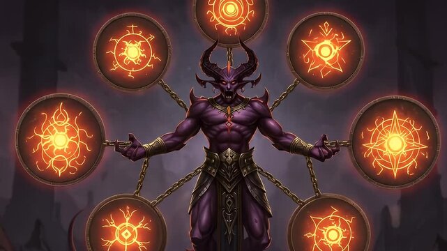 Powerful demonic figure holds ornate symbols against dark background for fantasy illustration