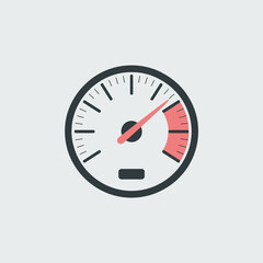Flat-style vehicle speedometer icon with white face, red needle and red warning zone for user dashboards, digital speed indicators, and automotive interface graphics