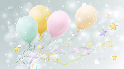 Vibrant pastel balloons are suspended in a whimsical blue backdrop, adorned with shimmering stars and playful ribbons, evoking a festive celebration mood