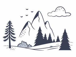 Hand-drawn Mountain Landscape Illustration, Simple Nature Scene