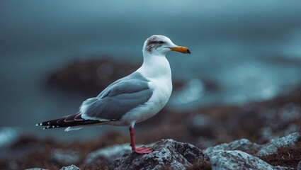 A Turkish Gull standing on rocks near the sea with a blurred ocean background.
