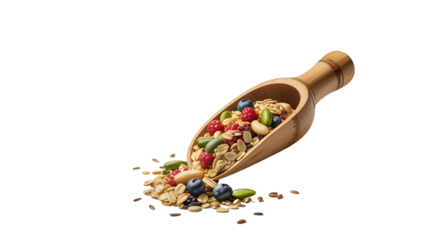Wooden Scoop of Crunchy Granola with Nuts and Raisins – Isolated PNG Clipart