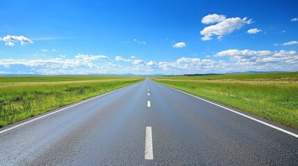 Fototapeta premium Asphalt Road to Horizon Sunny Sky, Green Fields Image, Road Trip Road, Travel