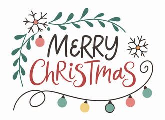 Merry Christmas Design: Festive Handwritten Text with Ornaments & Snowflakes