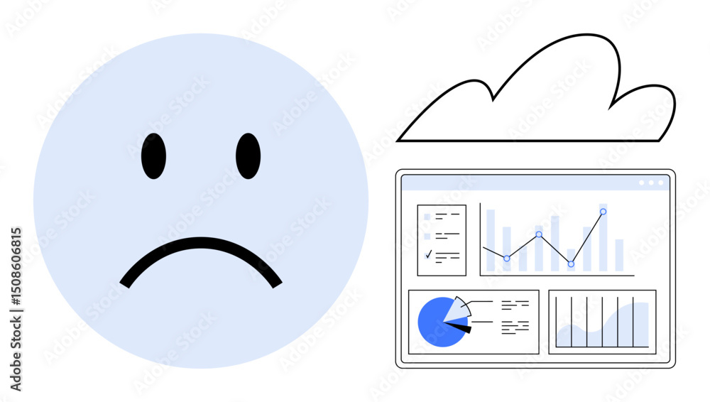 Poster sad face icon next to analytics dashboard with graphs and charts under cloud. ideal for data loss, t