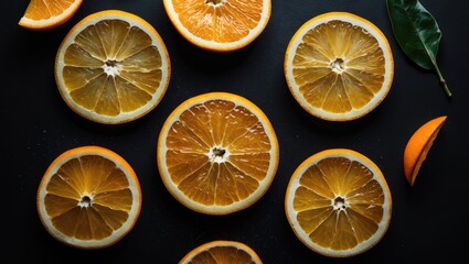 Obraz premium Slices of juicy orange on a black background with empty copy space for text.