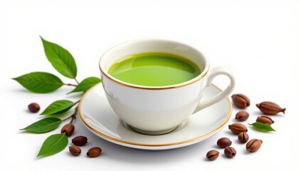 A serene image of matcha tea, perfectly presented in a white teacup and saucer, with the added beauty of tea leaves and nuts
