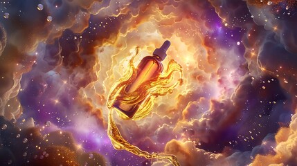 Surreal hair serum bottle mockup levitating within a luminous vortex of liquid gold surrounded by weightless swirling nebula clouds in shades of pearl and violet