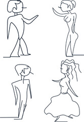 Four different characters in different poses. Among them there is a man and a woman.