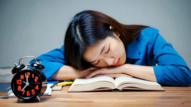 Woman resting her head on an open book while studying at a desk with a clock nearby