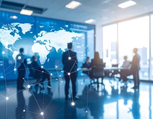 Global business meeting, blurred figures around a large screen displaying a world map and network connections