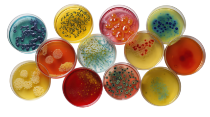 Petri dishes containing colorful microflora cultures are growing in a laboratory setting, providing a vibrant and scientific view on a transparent background