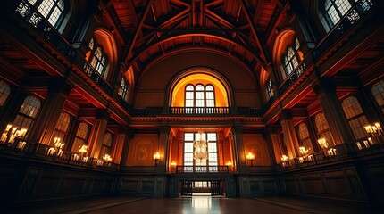 Obraz premium Grand Hall Interior with Ornate Architecture and Warm Lighting