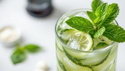 Obraz premium A refreshing, close-up shot of a mint cocktail, perfect for summertime refreshment. The drink is beautifully garnished with fresh mint and a slice of lime, inviting viewers to savor the moment
