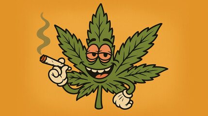 Funny cartoon cannabis leaf character smoking marijuana joint with humorous playful expression
