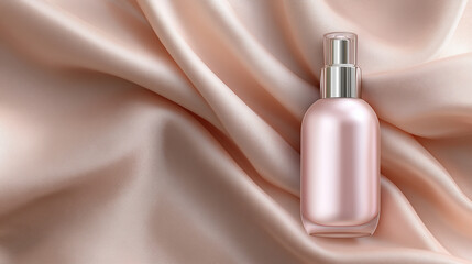 Minimalist pale pink glass body oil bottle on soft fabric