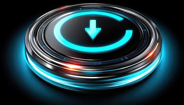 A glowing blue circular power button with a downward arrow, symbolizing refresh or restart, set against a dark background.