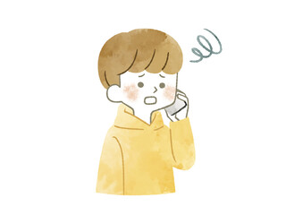 スマホで電話をしている困った表情の男性-水彩