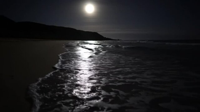 Serene Moonlight Beach Night Ocean Waves and Full Moon