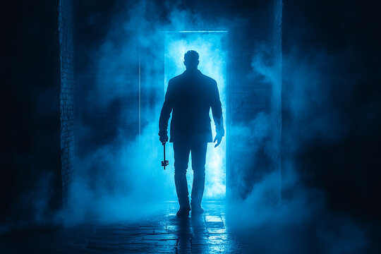 Man gripping a key that opens a door to another dimension silhouette