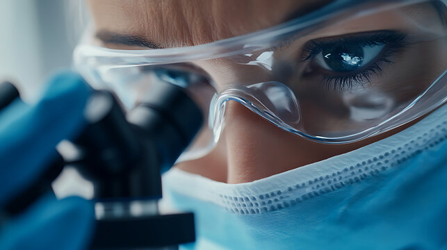 Scientist in protective gear examining sample through microscope