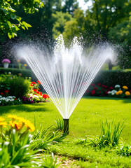 Efficient smart garden system with automated sprinklers hydrating lush lawns, vibrant flowers, and towering trees in a serene park setting., dinamic scene. with white shades
