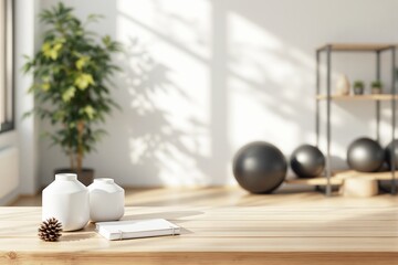 Peaceful wellness studio with yoga balls, white ceramic vases, notebook on wooden floor, indoor plant, soft sunlight, concept of calm and balance. Ai generative