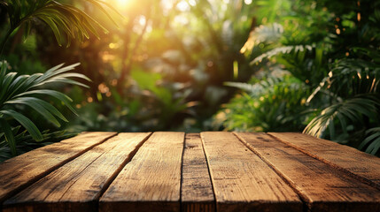 Rustic weathered wooden plank table with softly focused tropical leaves for a natural outdoor atmosphere