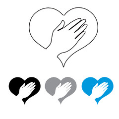 vector illustration of hand touching heart, vector lines, black, dark white and light blue color.