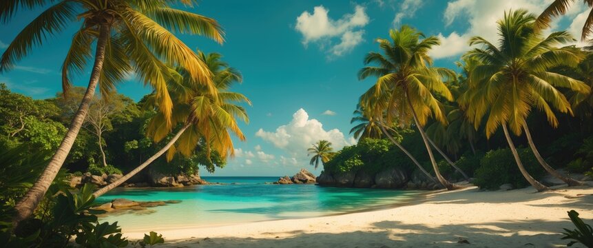 Palm and tropical beach scene with empty space for text