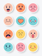 Fototapeta premium Flat vector icon set of round emotion faces with different expressions for mood tracking, perfect for wellness planners, educational materials, and emotional learning tools 