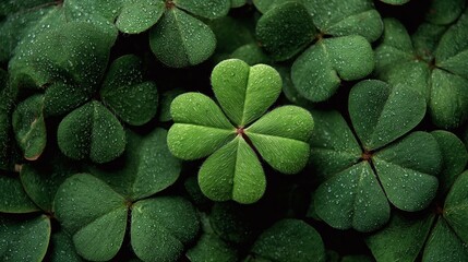 Obraz premium A vibrant four-leaf clover takes center stage amidst a sea of lush, green three-leaf clovers, symbolizing good fortune and a touch of magic in nature's embrace.